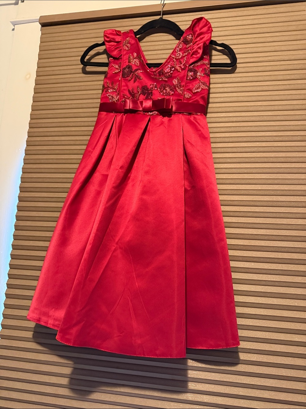 Red Satin Girls' Floral Bodice Party Dress with Bow
